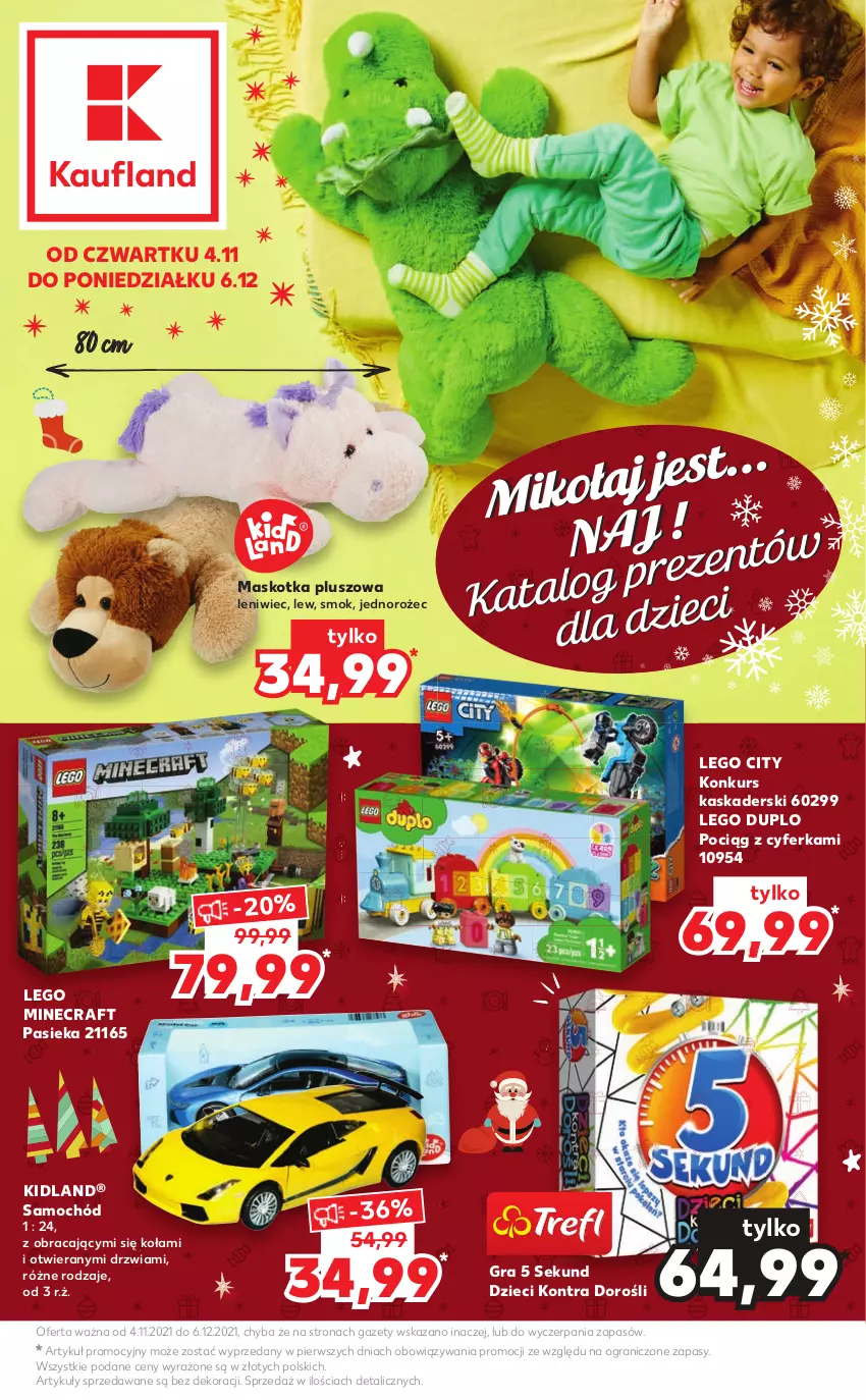 Gazetka promocyjna Kaufland - Katalog Zabawki - ważna 04.11 do 06.12.2021 - strona 1 - produkty: 5 Sekund, Drzwi, Dzieci, Gra, Jednorożec, Kask, LEGO, LEGO City, LEGO Duplo, LEGO Minecraft, Maskotka pluszowa, Minecraft, Pociąg, Samochód