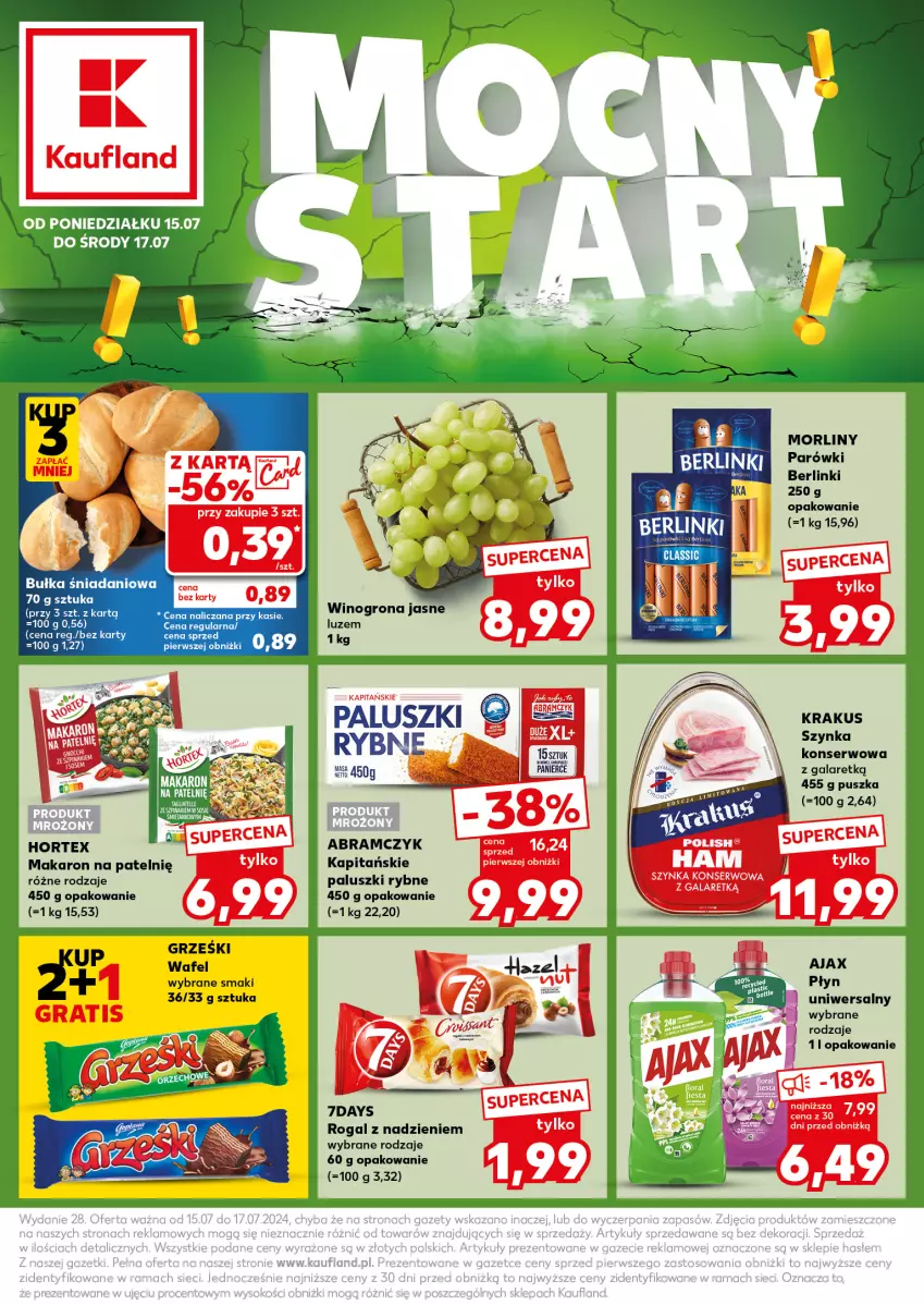 Gazetka promocyjna Kaufland - Kaufland - ważna 15.07 do 17.07.2024 - strona 1 - produkty: Ajax, Berlinki, Gala, Grześki, Hortex, Krakus, Makaron, Morliny, Paluszki rybne, Parówki, Rogal, Ser, Szynka, Szynka konserwowa, Wino, Winogrona