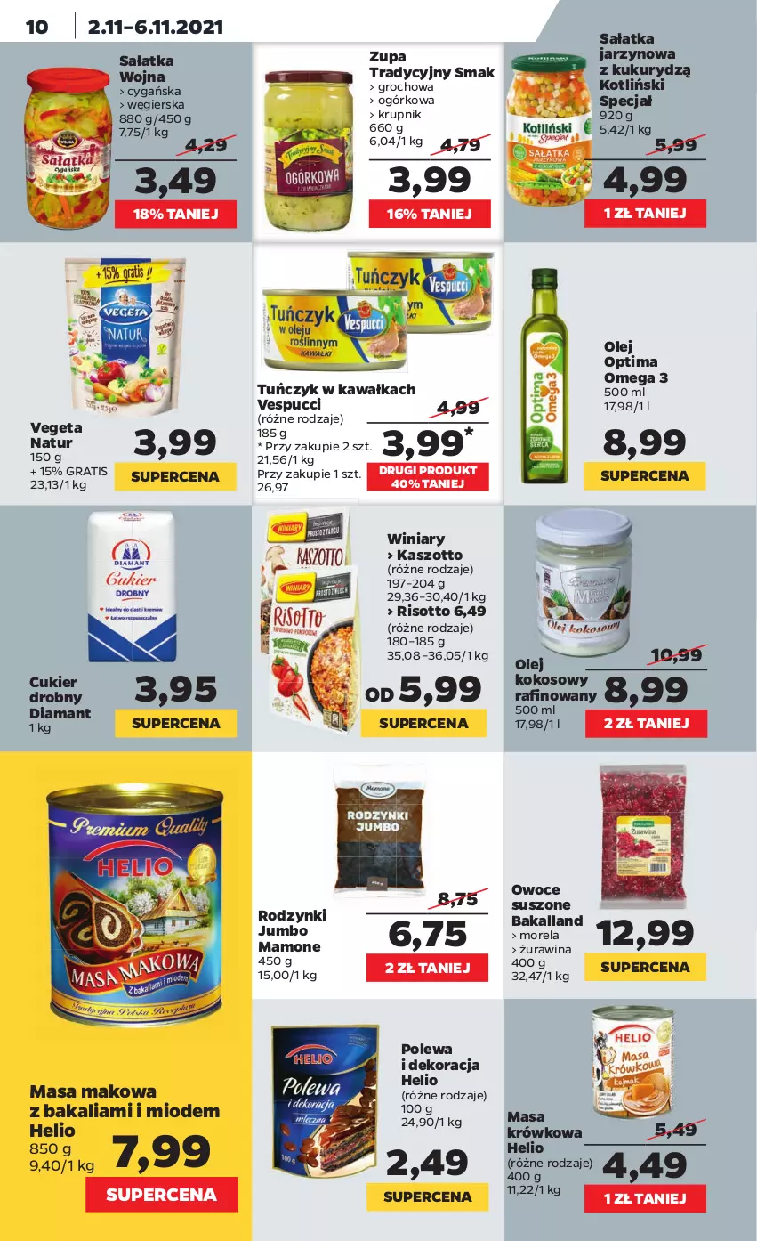 Gazetka promocyjna Netto - Gazetka spożywcza - ważna 01.11 do 06.11.2021 - strona 10 - produkty: Bakalland, Cukier, Diamant, Gra, Groch, Helio, Kawa, Kokos, Krupnik, Masa krówkowa, Morela, Olej, Olej kokosowy, Optima, Owoce, Owoce suszone, Rodzynki, Sałat, Sałatka, Tuńczyk, Vegeta, Vegeta Natur, Winiary, Zott, Zupa