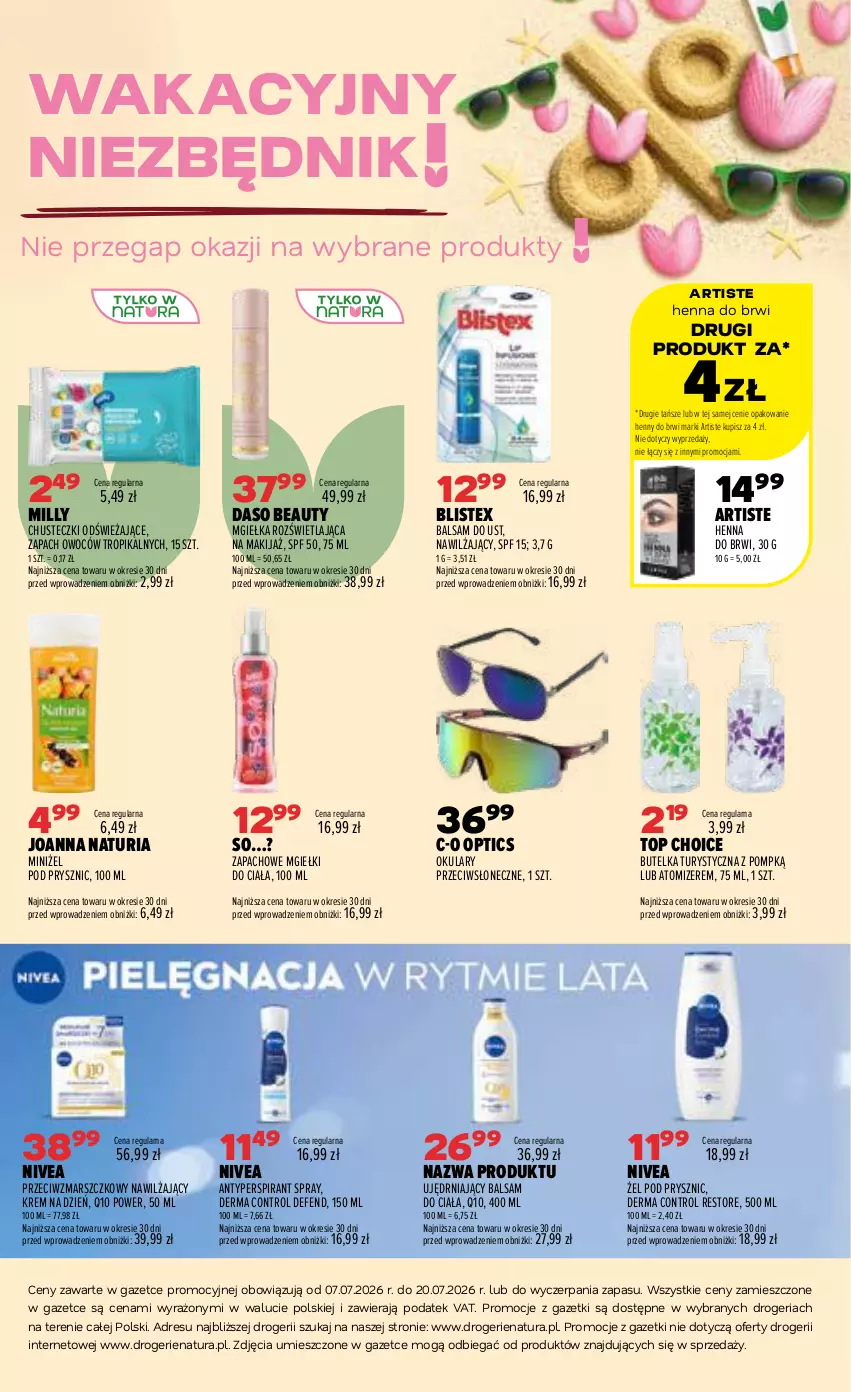 Gazetka promocyjna Drogerie Natura - Gazetka Drogerie Natura - ważna 07.07 do 20.07.2026 - strona 20 - produkty: Antyperspirant, Balsam do ciała, Balsam do ust, Chusteczki, Control, Dres, JBL, Joanna, Krem na dzień, Makijaż, Mars, Nivea, Top