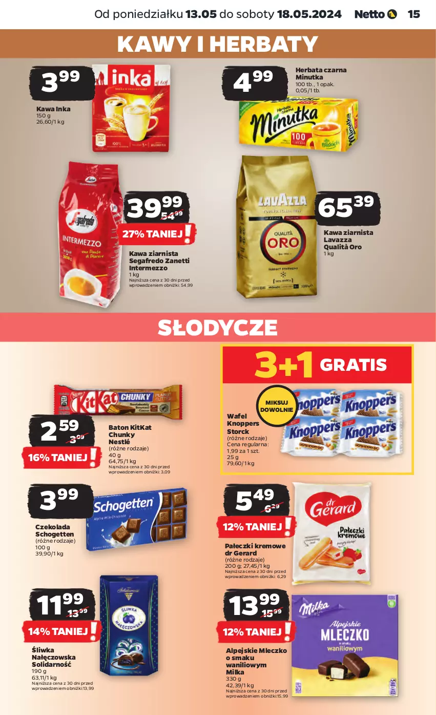 Gazetka promocyjna Netto - Artykuły spożywcze - ważna 13.05 do 18.05.2024 - strona 15 - produkty: Baton, Czekolada, Dr Gerard, Gra, Herbata, Herbata czarna, Inka, Kawa, Kawa ziarnista, Knoppers, Lavazza, Milka, Mleczko, Nestlé, Schogetten, Segafredo