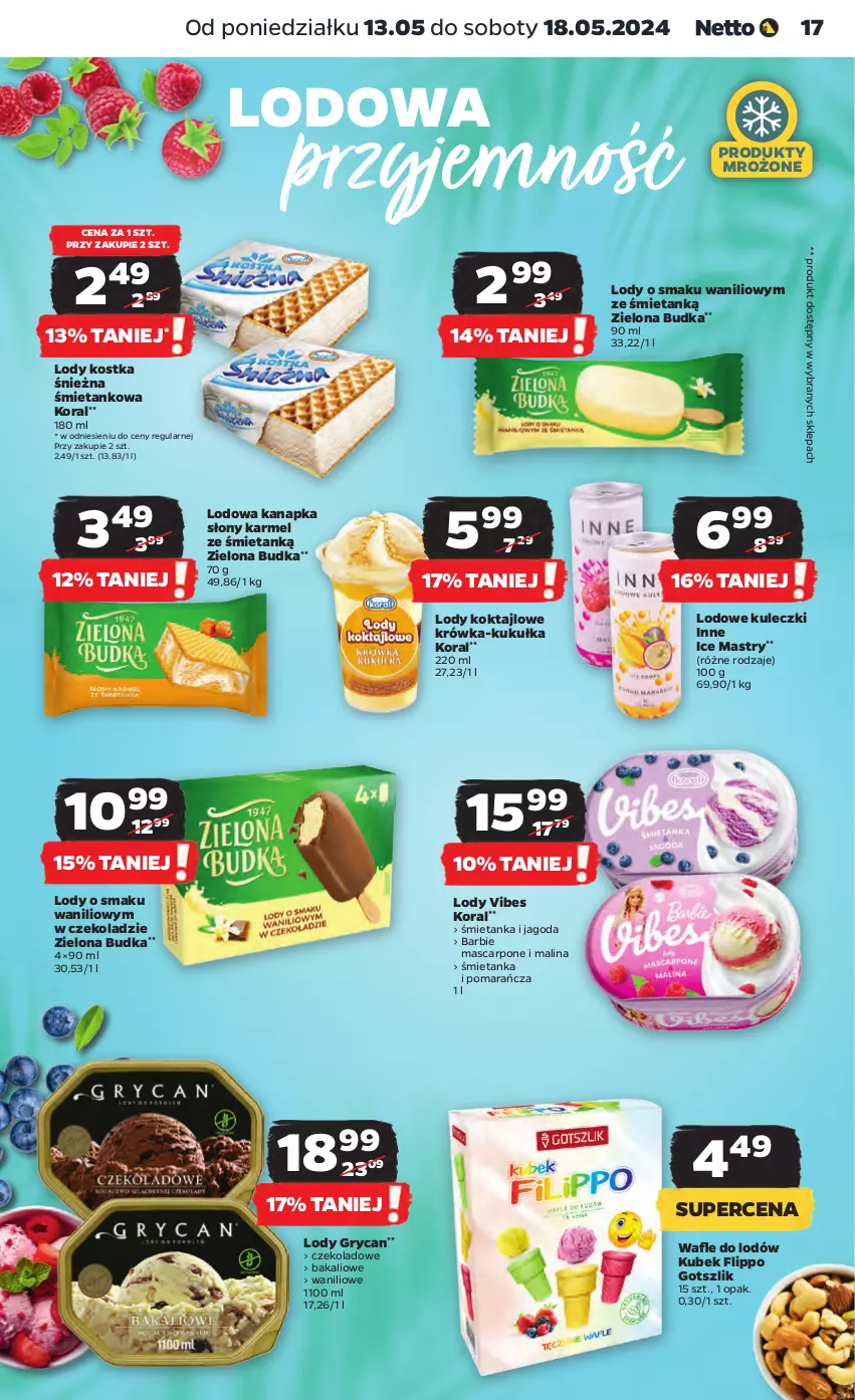 Gazetka promocyjna Netto - Artykuły spożywcze - ważna 13.05 do 18.05.2024 - strona 17 - produkty: Barbie, Gry, Kubek, Lody, Mascarpone, Produkty mrożone, Wafle, Wafle do lodów, Zielona Budka