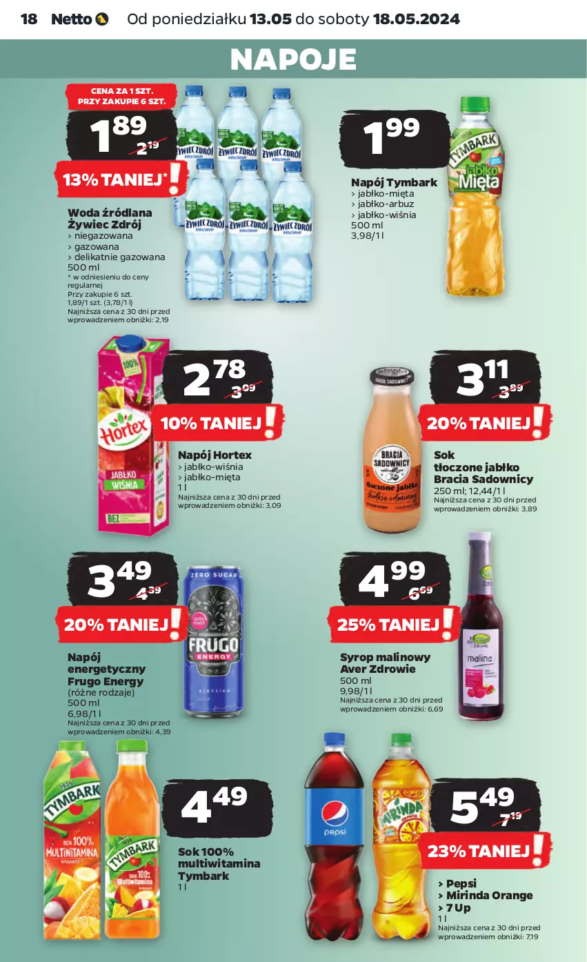 Gazetka promocyjna Netto - Artykuły spożywcze - ważna 13.05 do 18.05.2024 - strona 18 - produkty: Arbuz, Hortex, LANA, Mięta, Mirinda, Napój, Napój energetyczny, Napoje, Pepsi, Sok, Syrop, Tymbark, Woda, Zdrowie