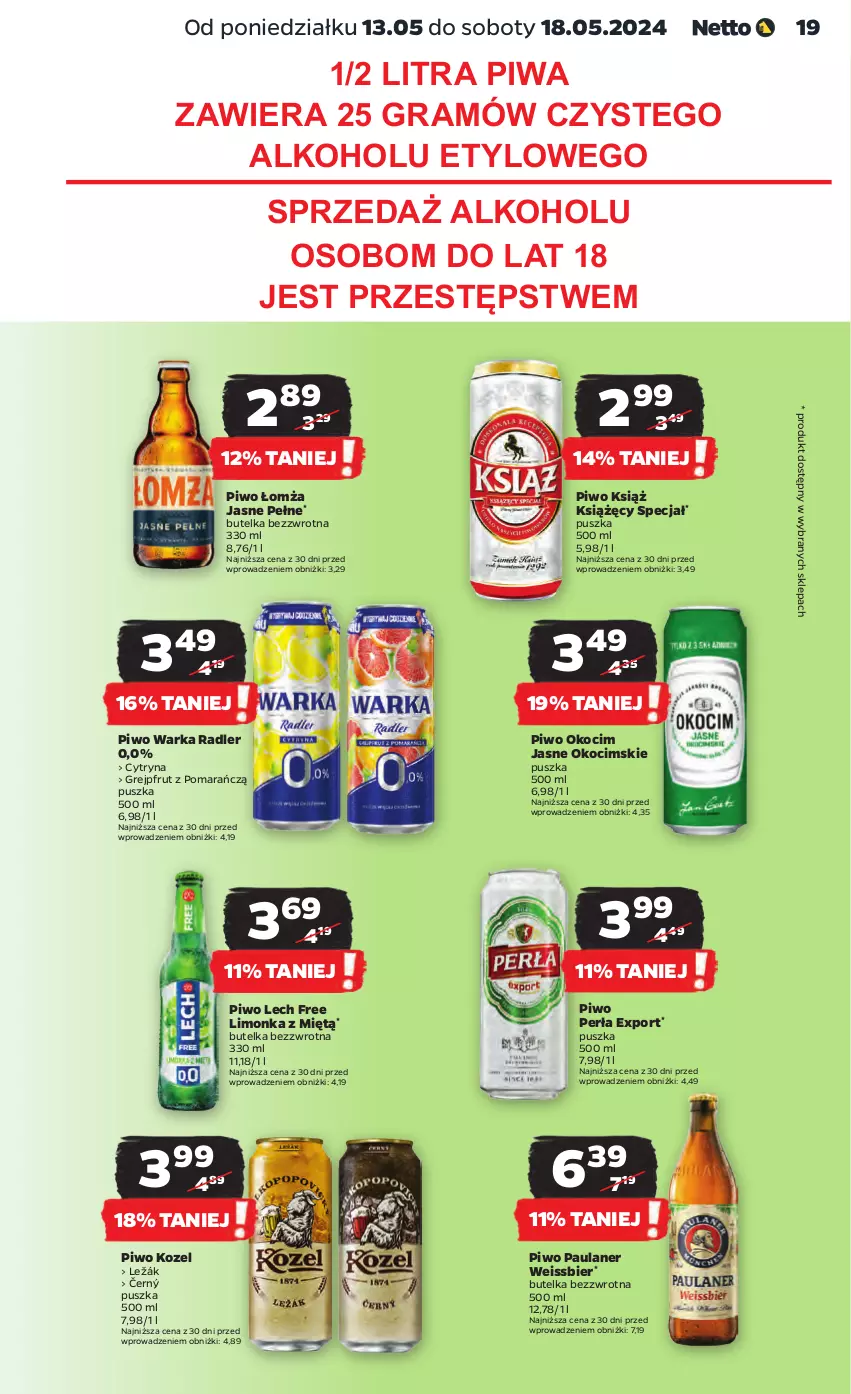 Gazetka promocyjna Netto - Artykuły spożywcze - ważna 13.05 do 18.05.2024 - strona 19 - produkty: Gra, Grejpfrut, Koc, Kozel, Limonka, Okocim, Perła, Piwa, Piwo, Por, Radler, Warka