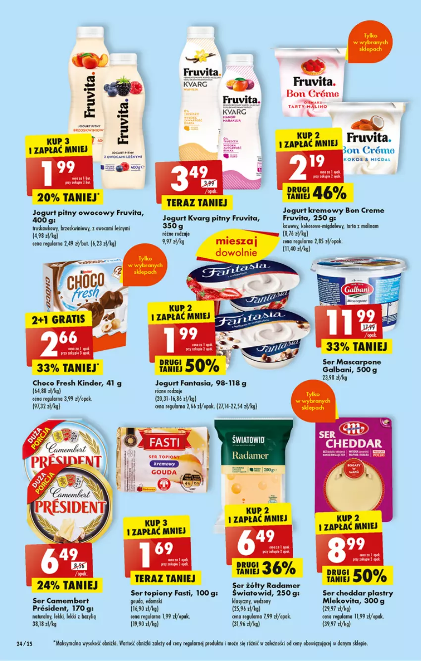 Gazetka promocyjna Biedronka - ważna 20.03 do 25.03.2023 - strona 24 - produkty: Camembert, Cheddar, Edam, Fa, Fanta, Galbani, Gouda, Kinder, Kokos, Mascarpone, Mleko, Mlekovita, Radamer, Ser, Sok, Tera, Top