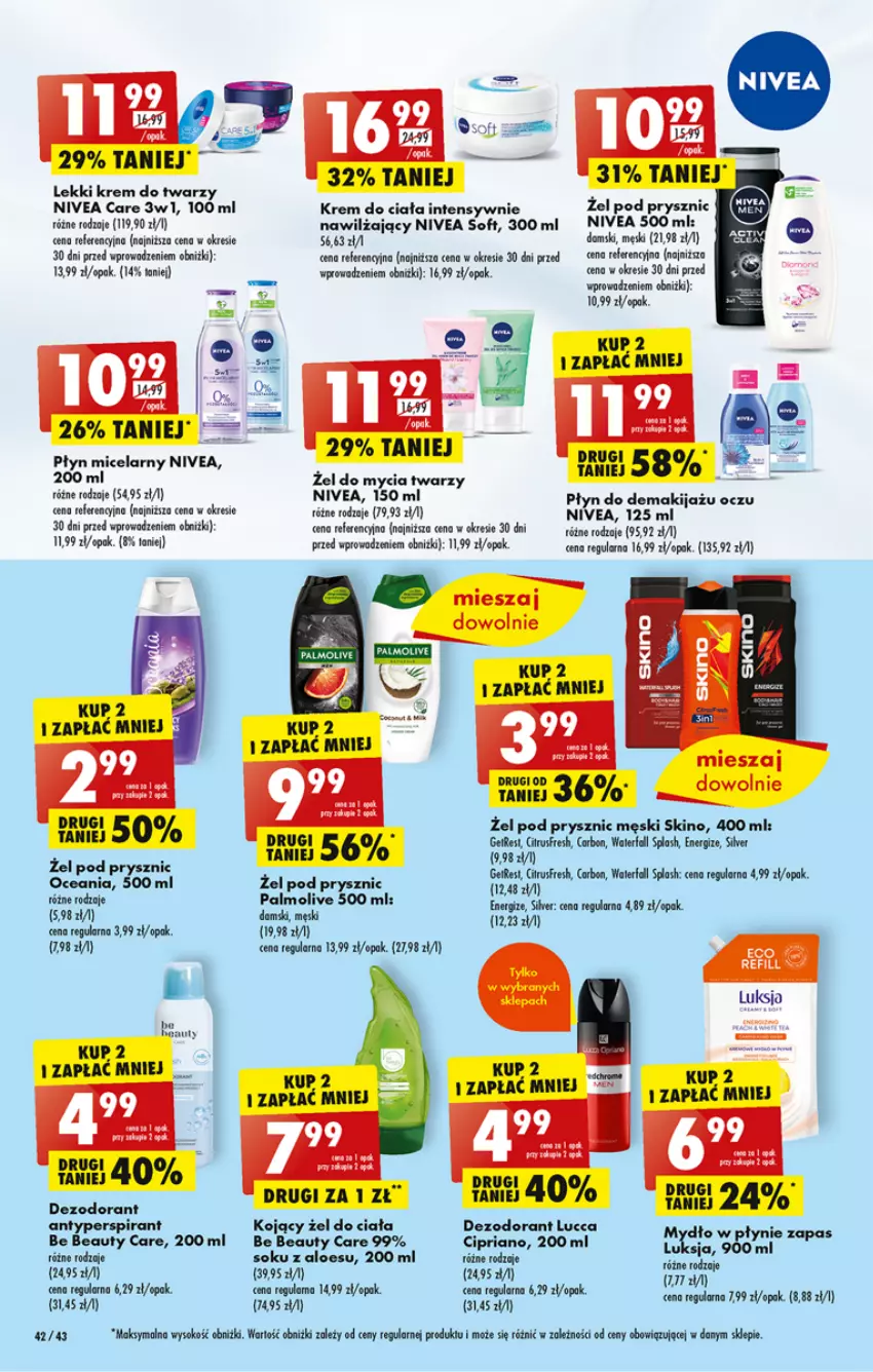 Gazetka promocyjna Biedronka - ważna 20.03 do 25.03.2023 - strona 42 - produkty: Antyperspirant, Be Be, Brugi, Dezodorant, Krem do ciała, Krem do twarzy, Makijaż, Nivea, Palmolive, Płyn micelarny, Sok