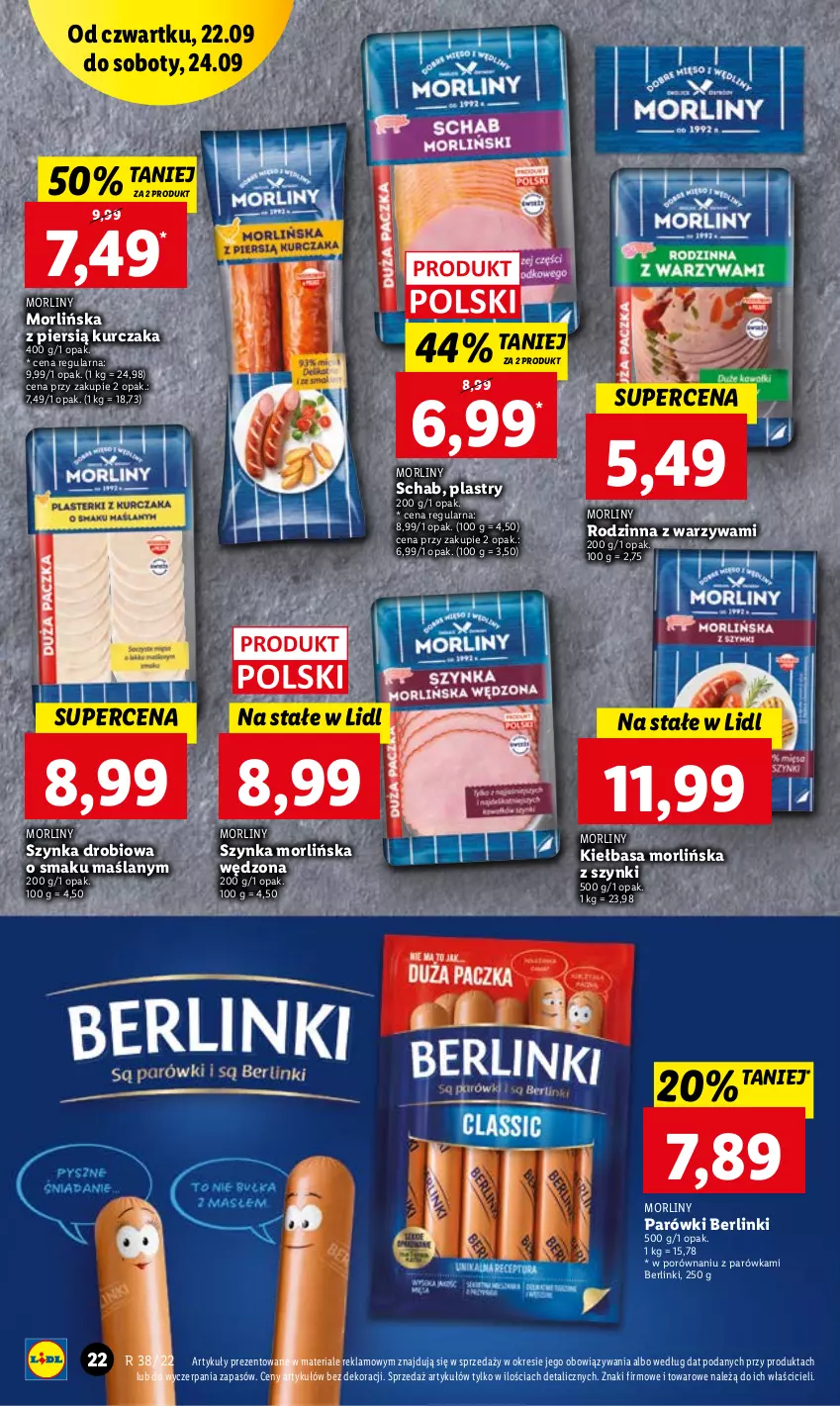 Gazetka promocyjna Lidl - GAZETKA - ważna 22.09 do 24.09.2022 - strona 22 - produkty: Berlinki, Kiełbasa, Kurczak, Morliny, Parówki, Por, Szynka, Warzywa