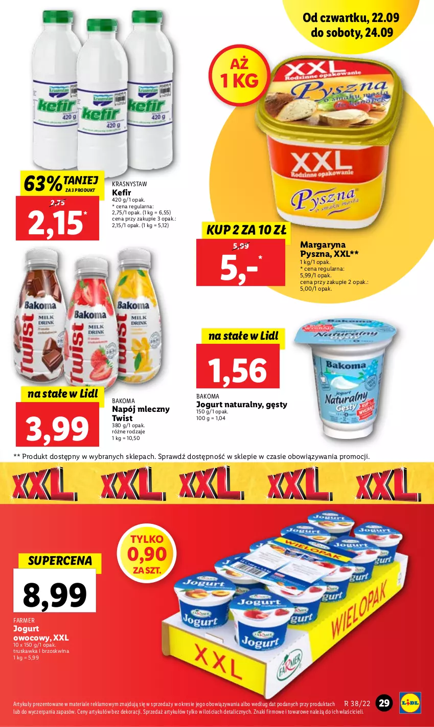 Gazetka promocyjna Lidl - GAZETKA - ważna 22.09 do 24.09.2022 - strona 29 - produkty: Bakoma, Fa, Jogurt, Jogurt naturalny, Jogurt owocowy, Kefir, Margaryna, Napój, Napój mleczny