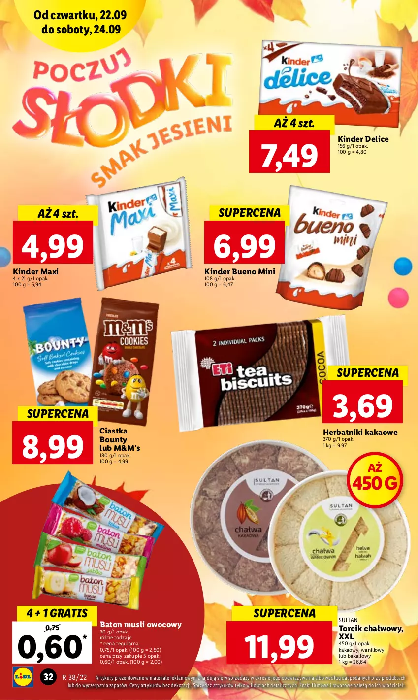 Gazetka promocyjna Lidl - GAZETKA - ważna 22.09 do 24.09.2022 - strona 32 - produkty: Baton, Bounty, Ciastka, Gra, Herbatniki, Kakao, Kinder, Kinder Bueno, Mus