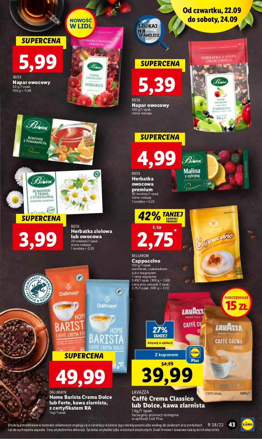 Gazetka promocyjna Lidl - GAZETKA - ważna 22.09 do 24.09.2022 - strona 43 - produkty: Bell, Bella, Cappuccino, Dallmayr, Kawa, Kawa ziarnista, Lavazza, Magnez, Torebka