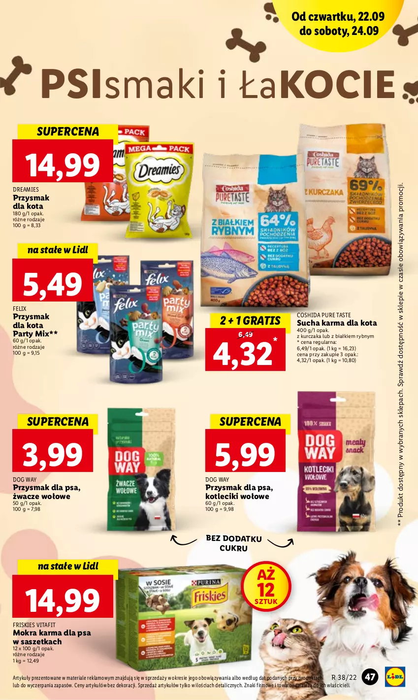 Gazetka promocyjna Lidl - GAZETKA - ważna 22.09 do 24.09.2022 - strona 47 - produkty: Felix, Friskies, Gra, Koc, Kurczak, Mokra karma, Przysmak dla kota, Przysmak dla psa, Pur, Sucha karma