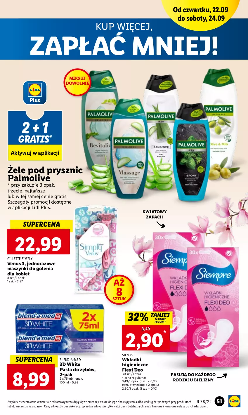 Gazetka promocyjna Lidl - GAZETKA - ważna 22.09 do 24.09.2022 - strona 51 - produkty: Blend-a-Med, Gillette, Gra, Palmolive, Pasta do zębów, Venus, Wkładki