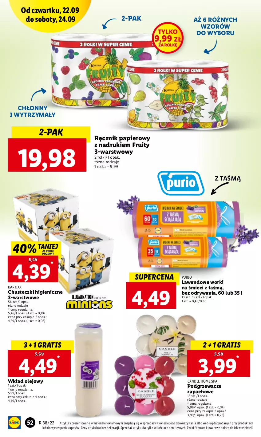 Gazetka promocyjna Lidl - GAZETKA - ważna 22.09 do 24.09.2022 - strona 52 - produkty: Chusteczki, Gra, Olej, Papier, Podgrzewacze, Pur, Ręcznik, Rolki, Wkład olejowy, Worki na śmiec, Worki na śmieci