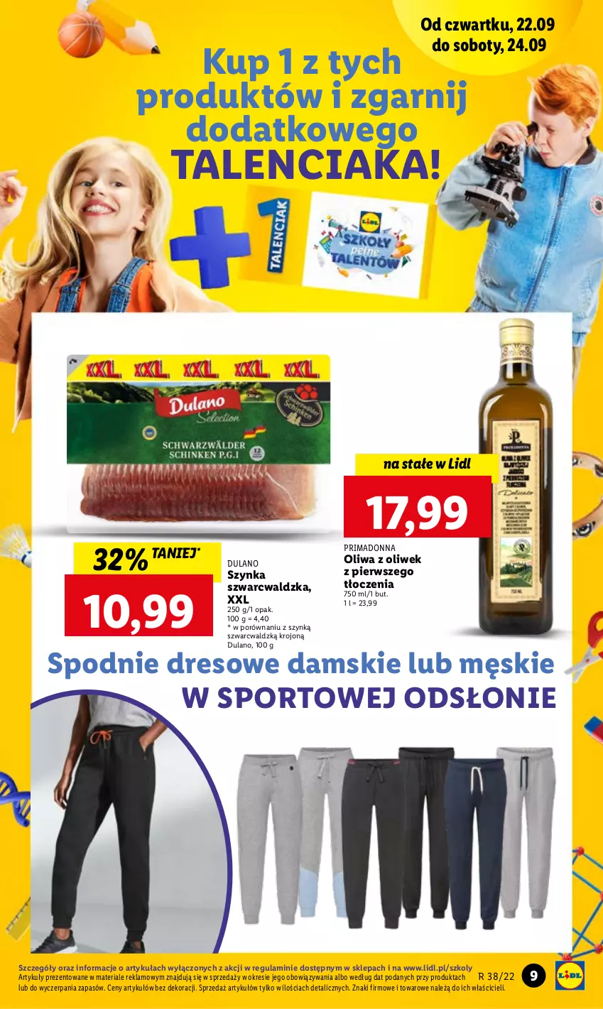 Gazetka promocyjna Lidl - GAZETKA - ważna 22.09 do 24.09.2022 - strona 9 - produkty: Dres, Dulano, Oliwa z oliwek, Por, Prima, Spodnie, Spodnie dresowe, Sport, Szynka