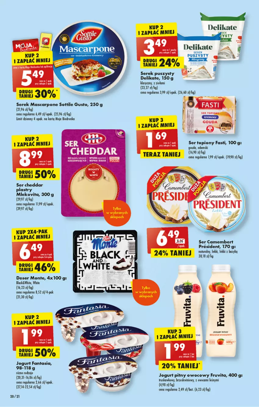 Gazetka promocyjna Biedronka - ważna 17.04 do 22.04.2023 - strona 20 - produkty: Bazyl, Camembert, Cheddar, Deser, Dron, Edam, Fa, Fanta, Gouda, Jogurt, Jogurt pitny, Lack, Mascarpone, Mleko, Monte, Ser, Ser topiony, Serek, Serek puszysty, Top