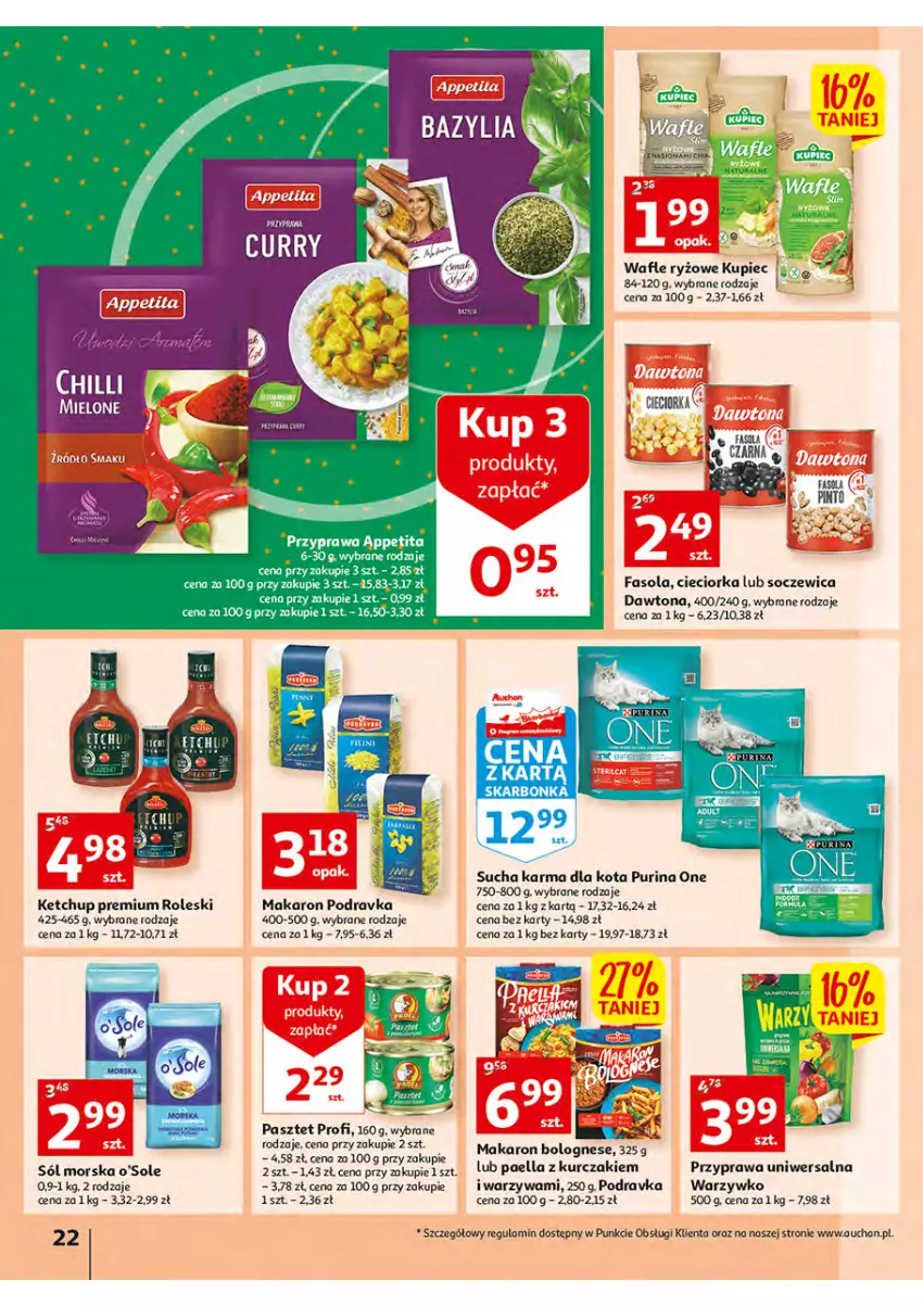 Gazetka promocyjna Auchan - Włoska kuchnia jest w cenie Hipermarkety - ważna 05.05 do 11.05.2022 - strona 22 - produkty: Chia, Cieciorka, Dawtona, Fa, Fasola, Ketchup, Kupiec, Kurczak, Makaron, Orka, Pasztet, Piec, Podravka, Przyprawa uniwersalna, Pur, Purina, Ryż, Sól, Sucha karma, Wafle, Warzywa