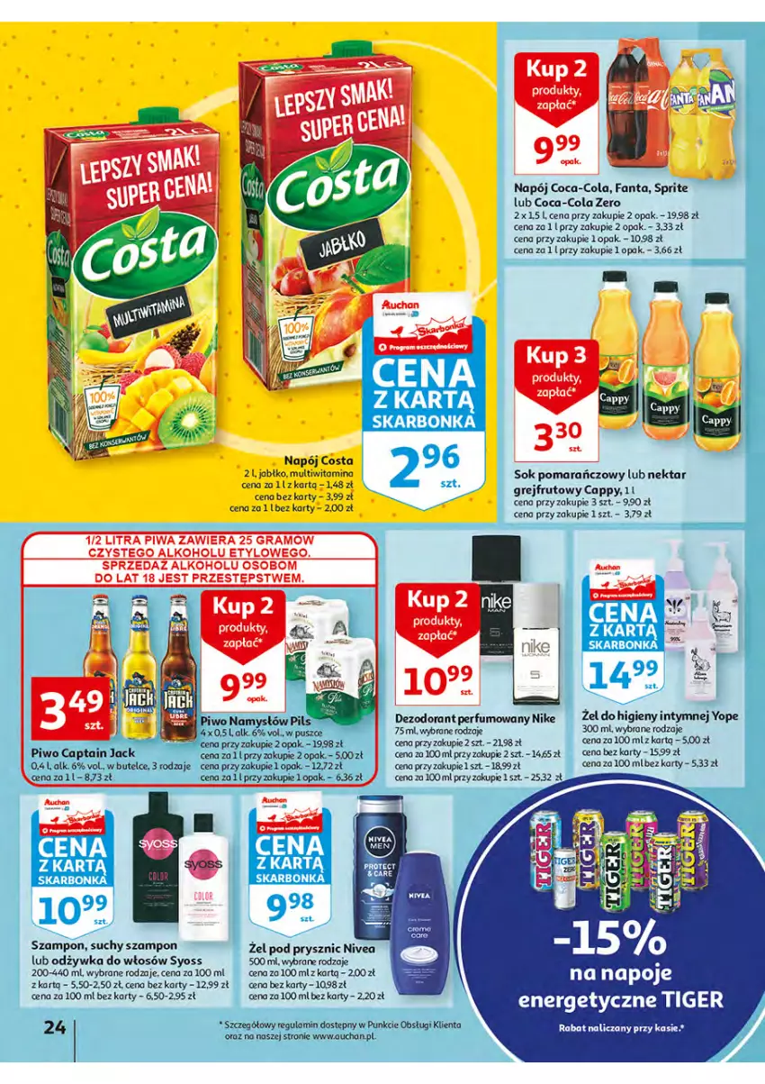 Gazetka promocyjna Auchan - Włoska kuchnia jest w cenie Hipermarkety - ważna 05.05 do 11.05.2022 - strona 24 - produkty: Cappy, Captain Jack, Coca-Cola, Fa, Fanta, Gra, Napój, Napoje, Nektar, Nivea, Odżywka, Piwa, Piwo, Sok, Sok pomarańczowy, Sprite, Suchy szampon, Syoss, Szampon, Yope