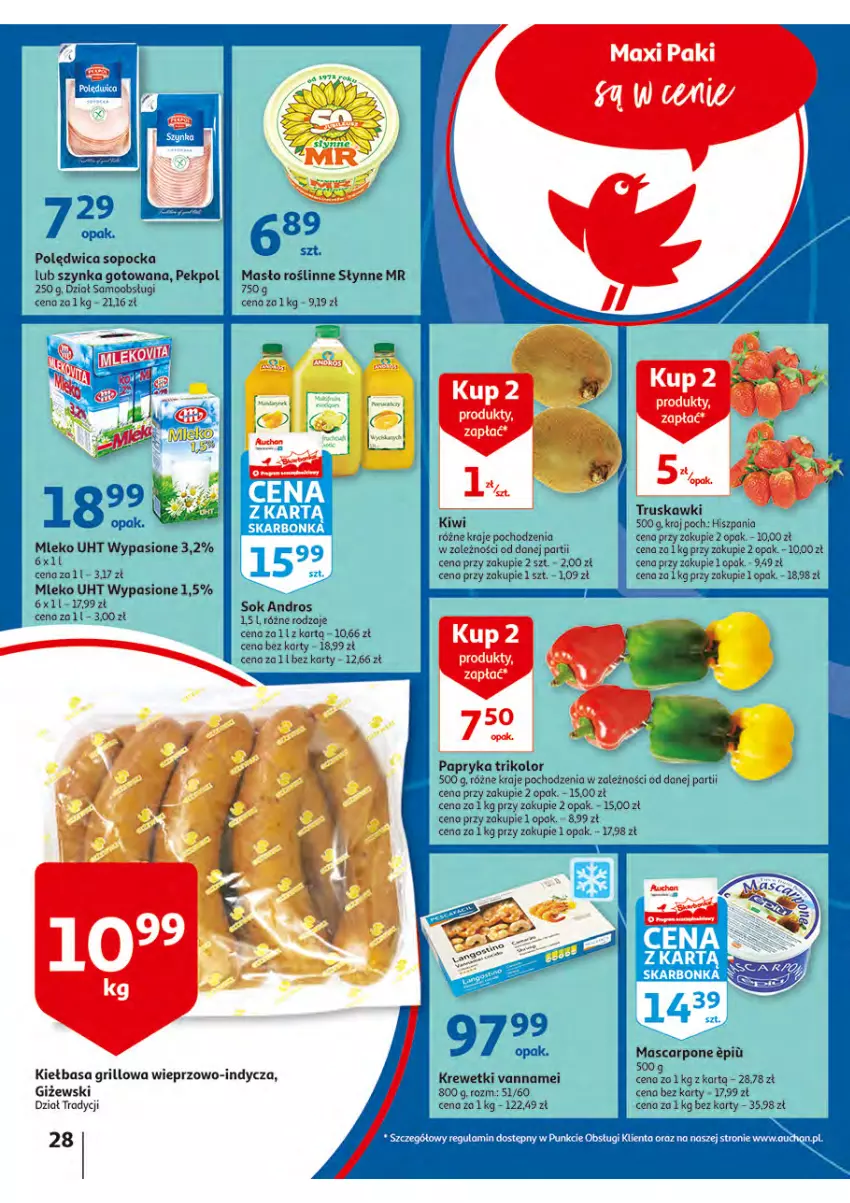 Gazetka promocyjna Auchan - Włoska kuchnia jest w cenie Hipermarkety - ważna 05.05 do 11.05.2022 - strona 28 - produkty: Grill, Kiełbasa, Kiwi, Krewetki, Mascarpone, Masło, Mleko, Papryka, Pekpol, Polędwica, Słynne, Sok, Szynka, Truskawki