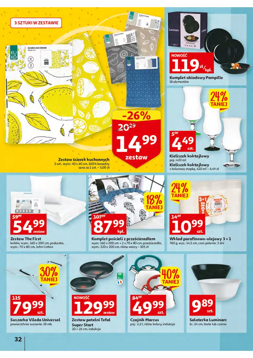 Gazetka promocyjna Auchan - Włoska kuchnia jest w cenie Hipermarkety - ważna 05.05 do 11.05.2022 - strona 32 - produkty: Czajnik, Fa, Kieliszek, Kołdra, Komplet obiadowy, Komplet pościeli, Olej, Poduszka, Pościel, Prześcieradło, Salaterka, Suszarka, Tefal, Top, Vileda