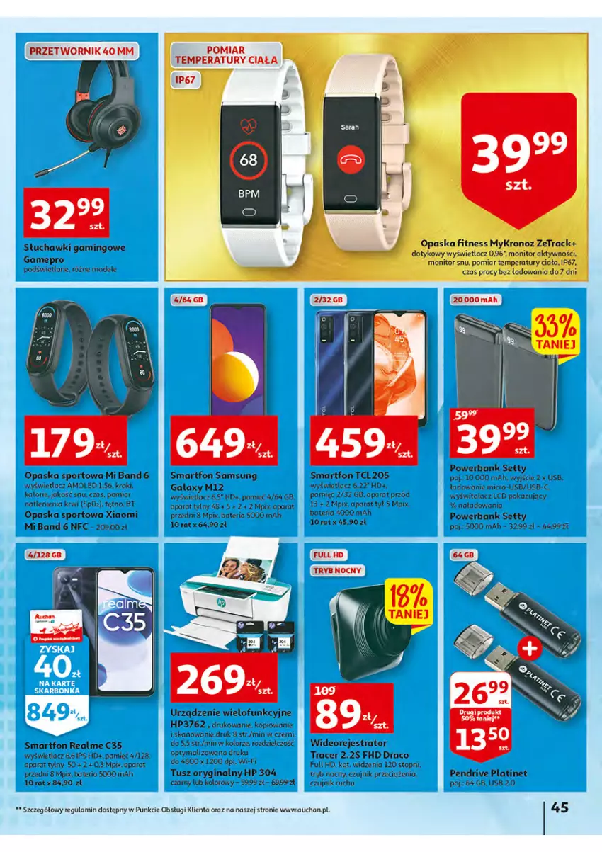 Gazetka promocyjna Auchan - Włoska kuchnia jest w cenie Hipermarkety - ważna 05.05 do 11.05.2022 - strona 45 - produkty: Acer, Amol, Bateria, Gala, Gin, HP, Monitor, Opaska, Opaska fitness, Pendrive, PLATINET, Por, Powerbank, Samsung, Słuchawki, Słuchawki gamingowe, Smartfon, Sport, Top, Tusz, Urządzenie wielofunkcyjne, Wideorejestrator