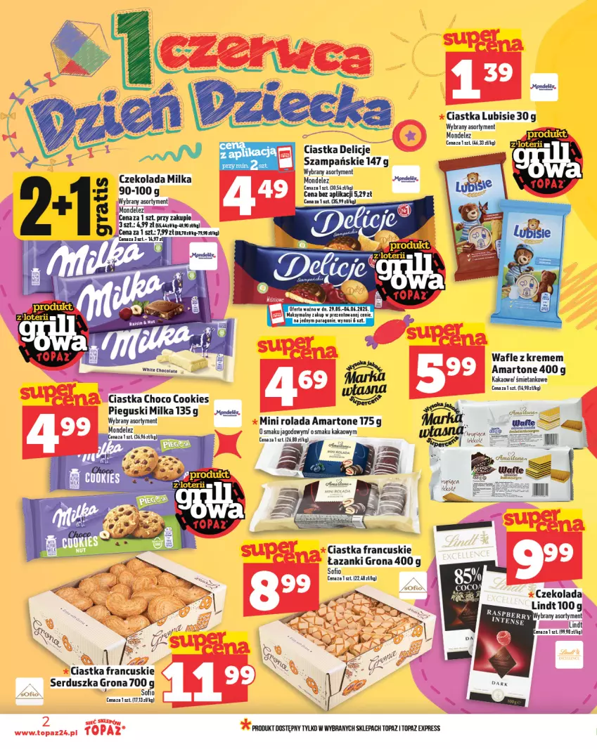 Gazetka promocyjna Topaz - Gazetka - ważna 29.05 do 04.06.2025 - strona 2 - produkty: Ciastka, Czekolada, Delicje, Kakao, Lindt, Lubisie, Milka, Rolada, Ser, Top, Wafle
