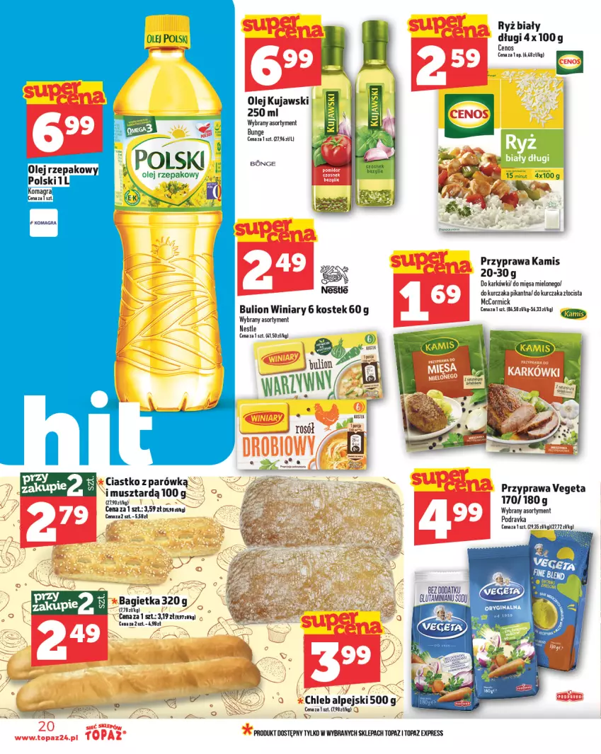 Gazetka promocyjna Topaz - Gazetka - ważna 29.05 do 04.06.2025 - strona 20 - produkty: Bagietka, Bulion, Cenos, Chleb, Gra, Kamis, Kujawski, Kurczak, Lion, Mus, Olej, Olej rzepakowy, Podravka, Ryż, Ryż biały, Stek, Top, Vegeta, Winiary