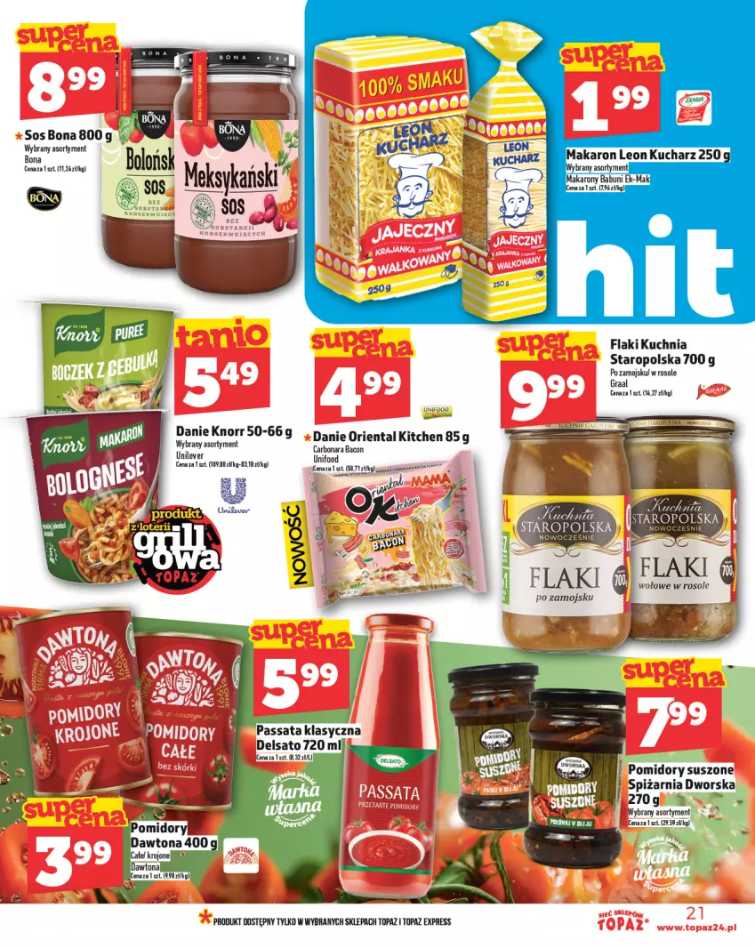 Gazetka promocyjna Topaz - Gazetka - ważna 29.05 do 04.06.2025 - strona 21 - produkty: Babuni, Dawtona, Fa, Flaki, Gra, Graal, Knorr, Kuchnia, Kuchnia Staropolska, Leon, Makaron, Pomidory, Sos, Top
