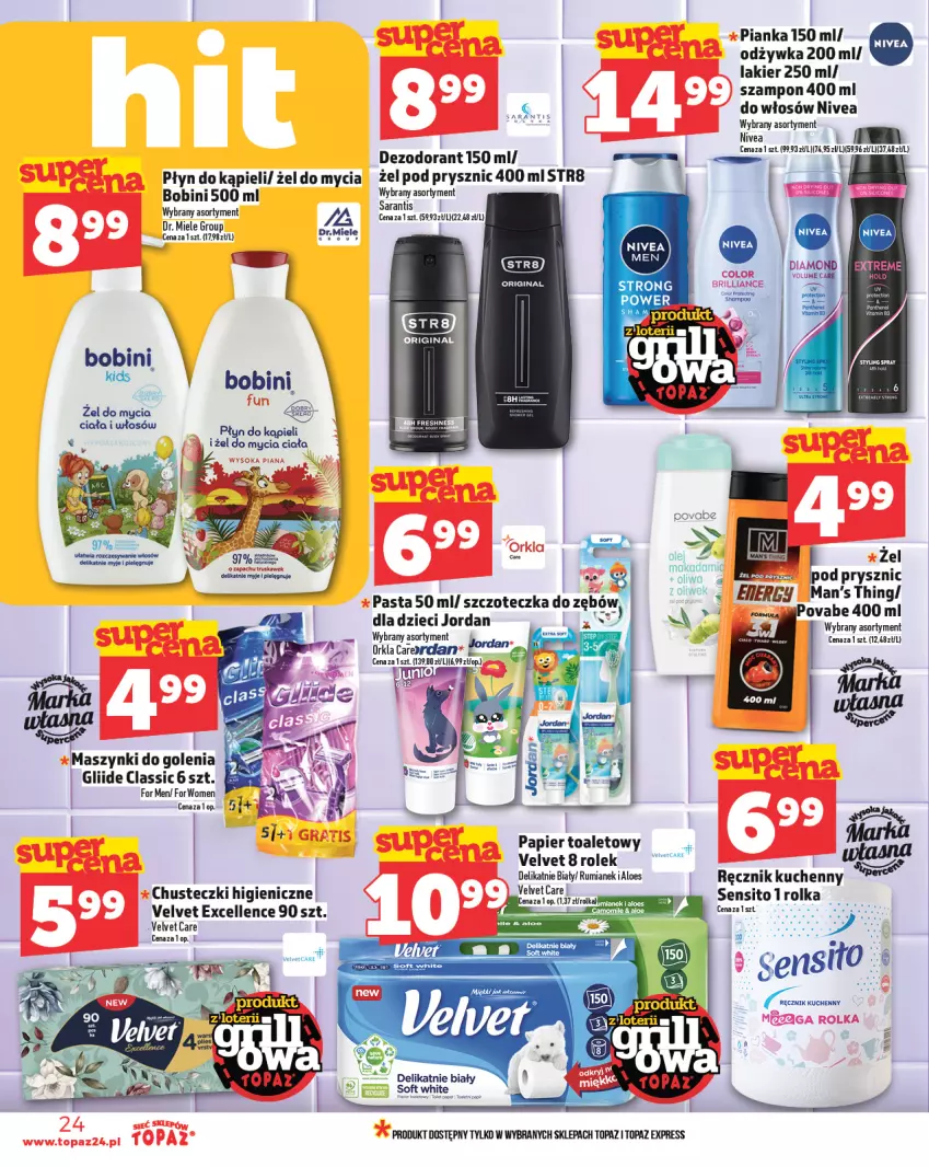 Gazetka promocyjna Topaz - Gazetka - ważna 29.05 do 04.06.2025 - strona 24 - produkty: Chusteczki, Dezodorant, Dzieci, Gin, Lakier, Nivea, Odżywka, Papier, Płyn do kąpieli, Ręcznik, Ręcznik kuchenny, Rum, Sito, Str8, Szampon, Szczoteczka, Top, Velvet