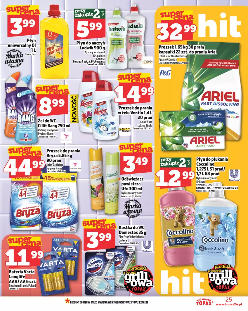 Gazetka promocyjna Topaz - Gazetka - ważna 29.05 do 04.06.2025 - strona 25 - produkty: Bateria, Bryza, Cillit Bang, Coccolino, Domestos, Fa, Kostka do wc, Ludwik, Proszek do prania, Rum, Top, Varta