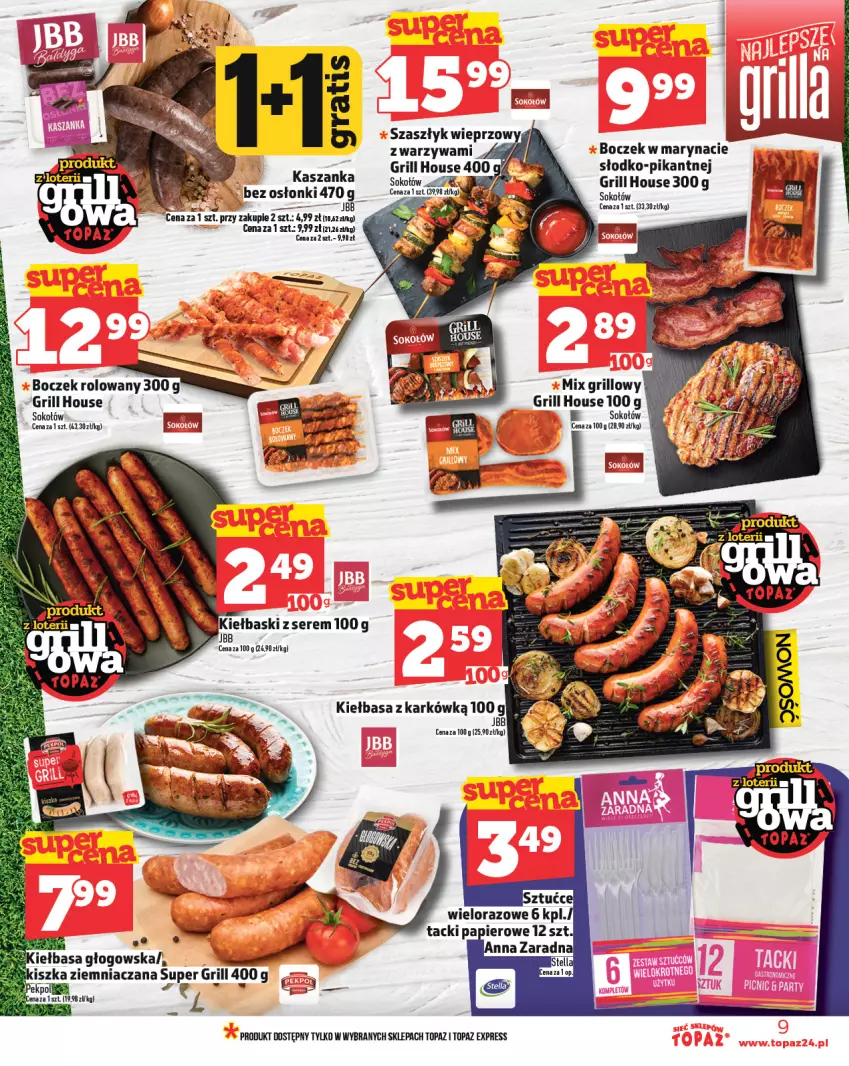 Gazetka promocyjna Topaz - Gazetka - ważna 29.05 do 04.06.2025 - strona 9 - produkty: Boczek, Grill, Kasza, Kaszanka, Kiełbasa, Kiełbasa głogowska, Ser, Sok, Sokołów, Top, Warzywa