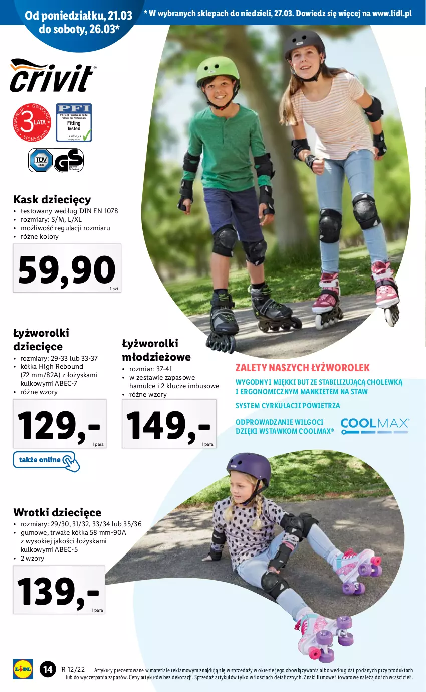 Gazetka promocyjna Lidl - GAZETKA - ważna 21.03 do 27.03.2022 - strona 14 - produkty: Dzieci, Kask, LG, Olma, Rolki, Sok, Wrotki