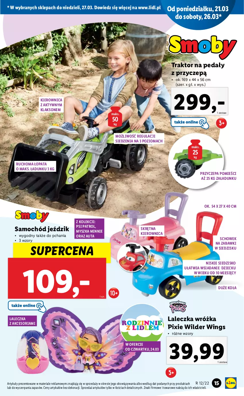 Gazetka promocyjna Lidl - GAZETKA - ważna 21.03 do 27.03.2022 - strona 15 - produkty: Kierownica, Minnie, Mysz, Psi Patrol, Samochód, Siedzisko, Traktor