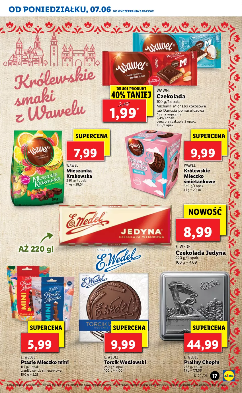 Gazetka promocyjna Lidl - GAZETKA - ważna 07.06 do 09.06.2021 - strona 17 - produkty: Czekolada, E. Wedel, Kokos, Królewski, Królewskie Mleczko, Michałki, Mleczko, Praliny, Ptasie mleczko, Wawel