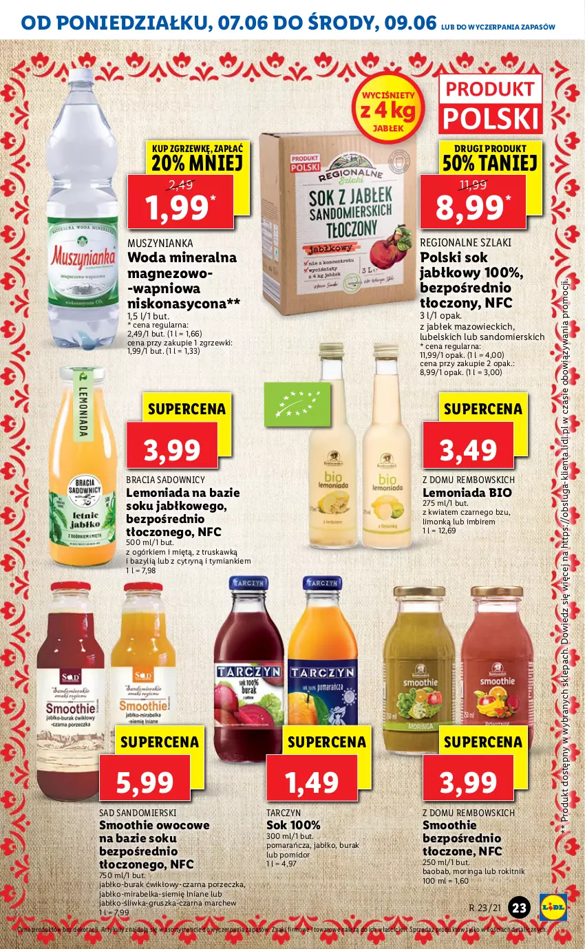 Gazetka promocyjna Lidl - GAZETKA - ważna 07.06 do 09.06.2021 - strona 23 - produkty: Bazyl, Imbir, Lemoniada, Magnez, Mus, Muszynianka, Por, Smoothie, Sok, Sok jabłkowy, Woda, Woda mineralna