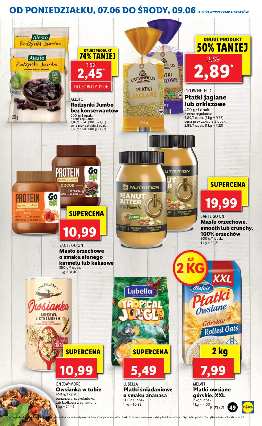 Gazetka promocyjna Lidl - GAZETKA - ważna 07.06 do 09.06.2021 - strona 49 - produkty: Ananas, Bell, Bella, Danio, Kakao, Lubella, Masło, Masło orzechowe, Melvit, Owsianka, Płatki owsiane, Rodzynki, Sante, Ser