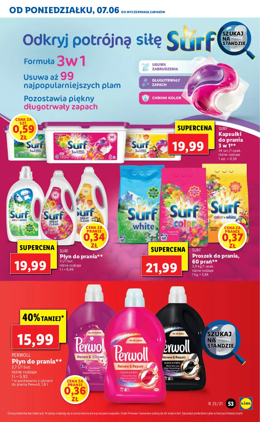 Gazetka promocyjna Lidl - GAZETKA - ważna 07.06 do 09.06.2021 - strona 53 - produkty: Kapsułki do prania, Perwoll, Płyn do prania, Por, Proszek do prania, Surf