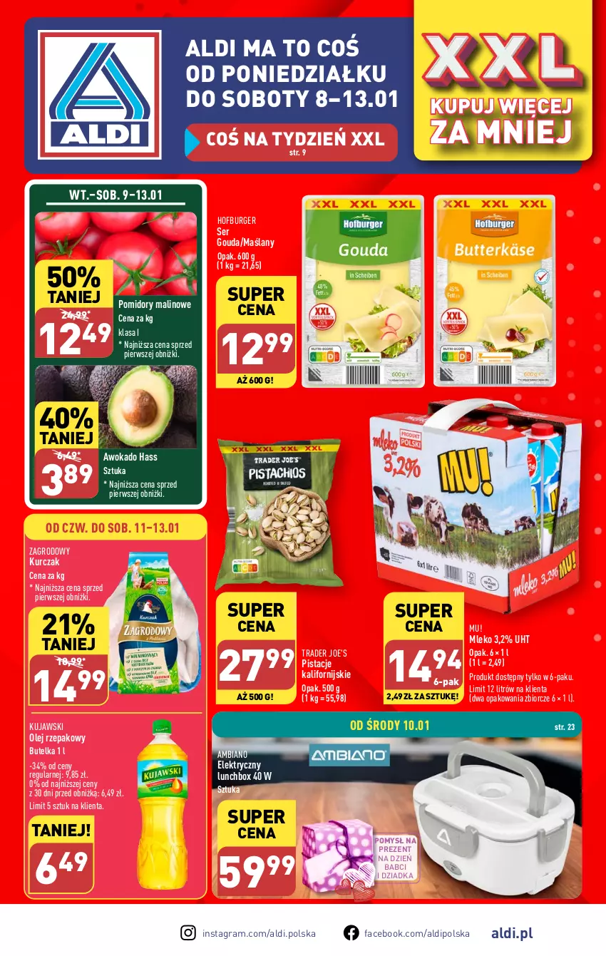 Gazetka promocyjna Aldi - Pełna oferta - ważna 08.01 do 13.01.2024 - strona 1 - produkty: Burger, Fa, Gouda, Gra, Hofburger, Kujawski, Kurczak, Mleko, Olej, Olej rzepakowy, Pistacje, Pomidory, Ser