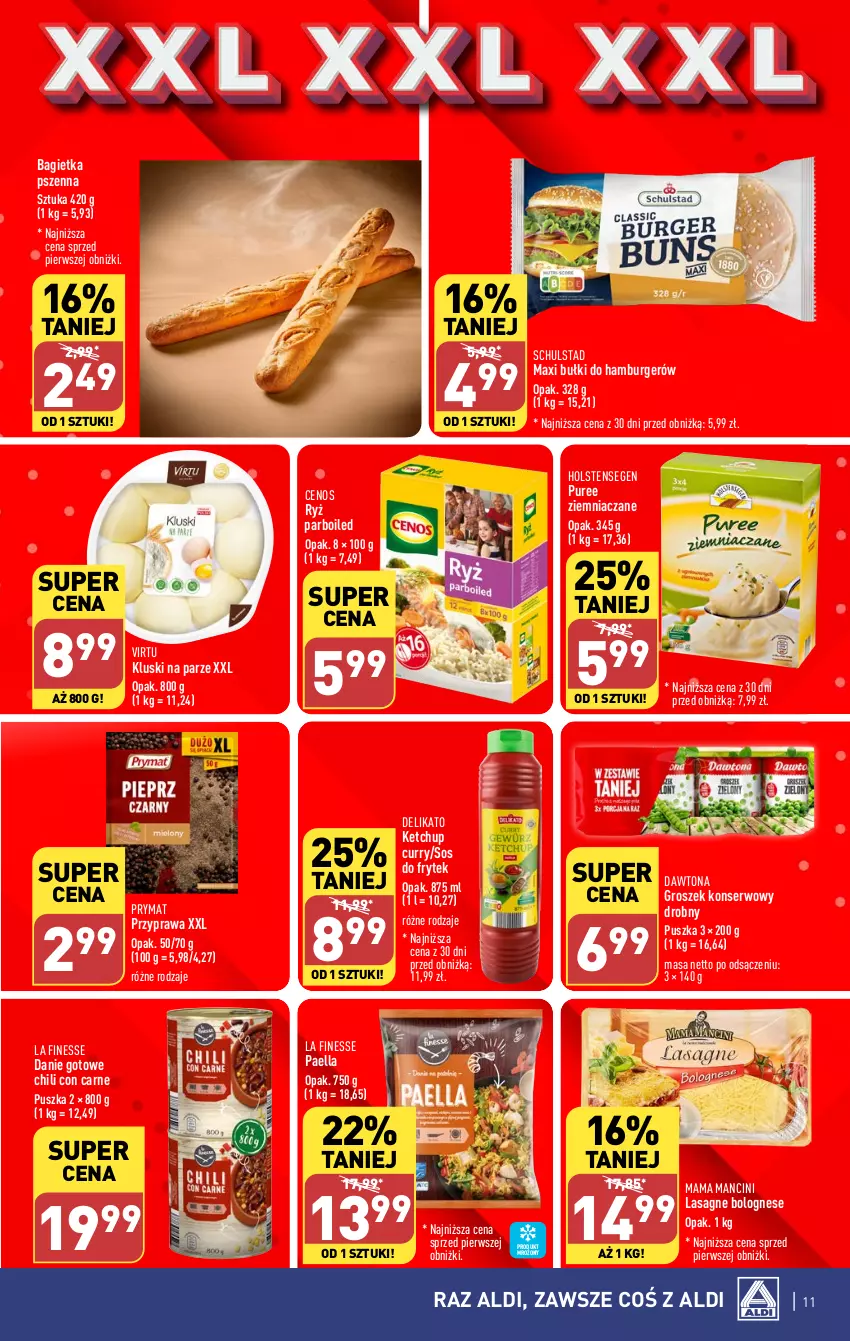 Gazetka promocyjna Aldi - Pełna oferta - ważna 08.01 do 13.01.2024 - strona 11 - produkty: Bagietka, Bagietka pszenna, Burger, Cenos, Danie gotowe, Dawtona, Groszek, Hamburger, Ketchup, Kluski na parze, Lasagne, Lasagne bolognese, Prymat, Pur, Ryż, Ryż parboiled, Ser, Sos, Virtu