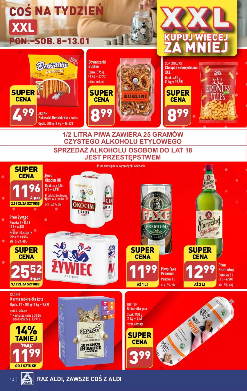 Gazetka promocyjna Aldi - Pełna oferta - ważna 08.01 do 13.01.2024 - strona 14 - produkty: Aksam, Baton, Baton dla psa, Beskidzki, Chrupki, Fa, Gra, Koc, Okocim, Piwa, Piwo