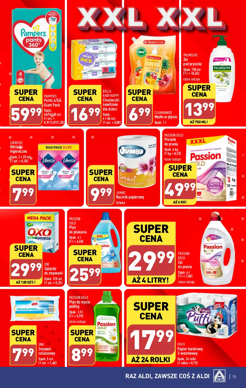 Gazetka promocyjna Aldi - Pełna oferta - ważna 08.01 do 13.01.2024 - strona 15 - produkty: Bell, Bella, Chusteczki, Dzieci, Mydło, Mydło w płynie, Palmolive, Pampers, Papier, Papier toaletowy, Płyn do mycia, Płyn do mycia podłóg, Płyn do płukania, Proszek do prania, Puf, Ręcznik, Rolki, Tablet, Tabletki do zmywarki, Wkładki, Zmywarki