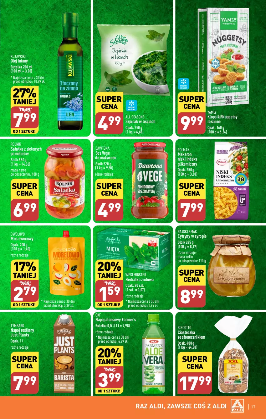 Gazetka promocyjna Aldi - Pełna oferta - ważna 08.01 do 13.01.2024 - strona 17 - produkty: All Seasons, Cytryny, Dawtona, Fa, Klopsiki, Kujawski, Makaron, Mus, Napój, Napój roślinny, Olej, Olma, Rolnik, Sałat, Sałatka, Sos, Syrop, Szpinak, Tymbark