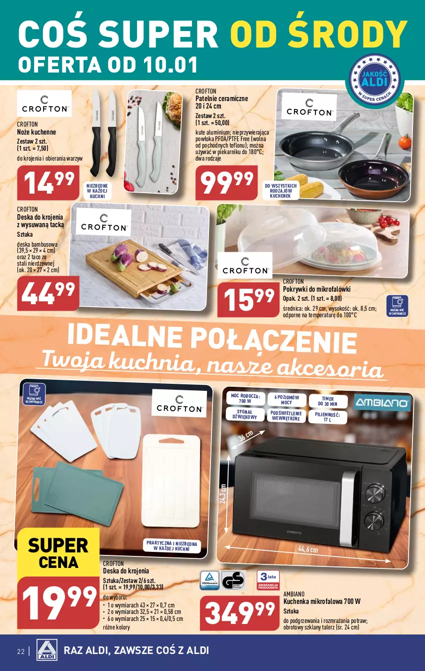 Gazetka promocyjna Aldi - Pełna oferta - ważna 08.01 do 13.01.2024 - strona 22 - produkty: Deska do krojenia, Fa, Kuchenka mikrofalowa, Kuchnia, Noż, Piekarnik, Por, Sok, Talerz