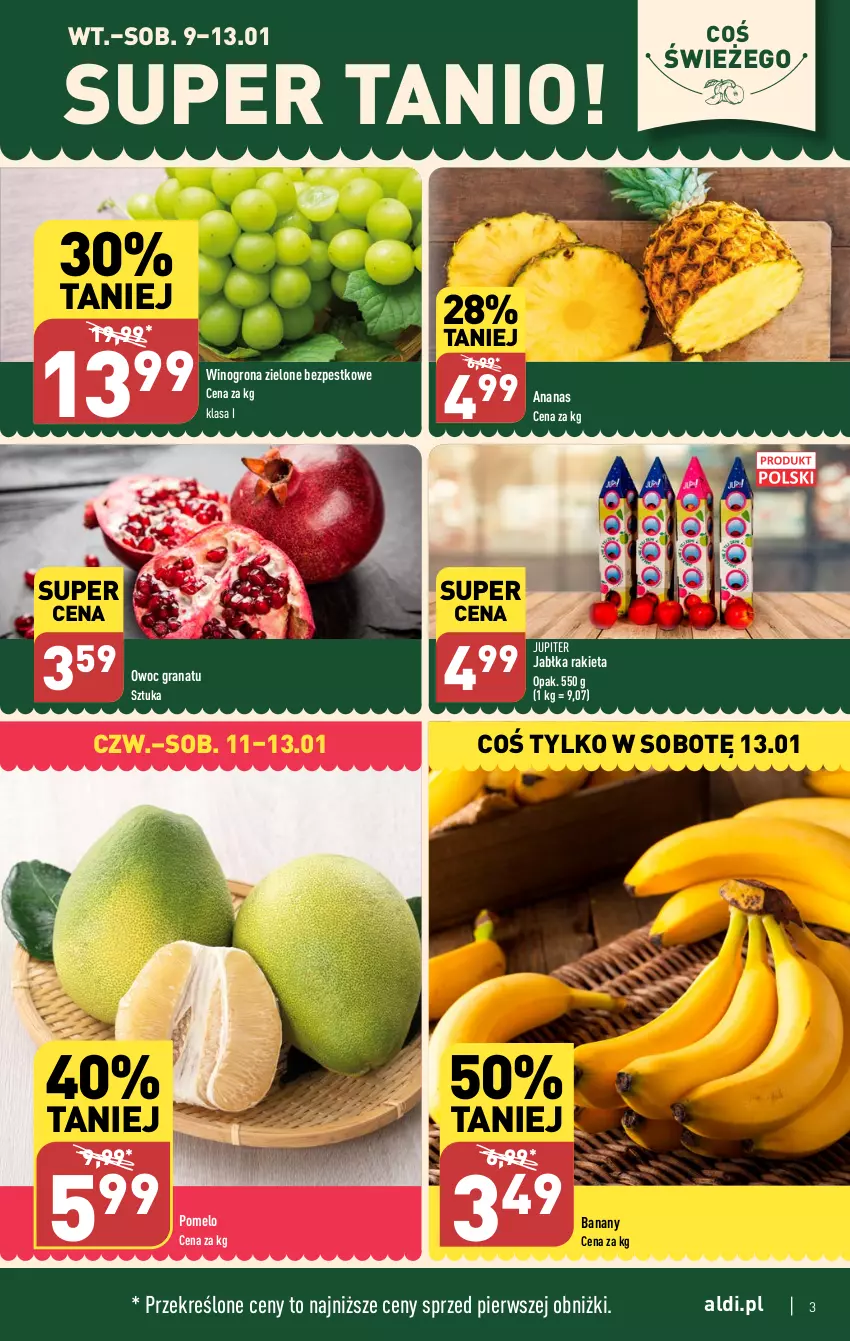 Gazetka promocyjna Aldi - Pełna oferta - ważna 08.01 do 13.01.2024 - strona 3 - produkty: Ananas, Banany, Gra, Granat, Jabłka, Pomelo, Rakieta, Wino, Winogrona