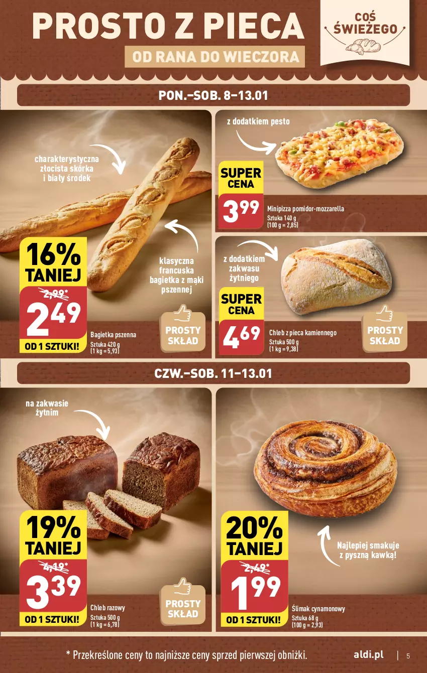 Gazetka promocyjna Aldi - Pełna oferta - ważna 08.01 do 13.01.2024 - strona 5 - produkty: Bagietka, Bagietka pszenna, Chleb, Mozzarella, Pesto, Piec, Pizza