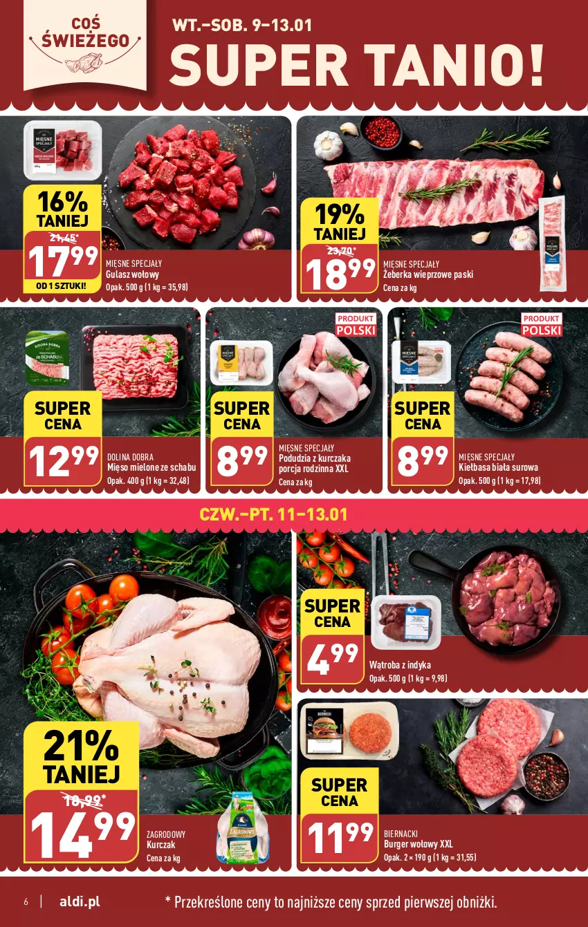 Gazetka promocyjna Aldi - Pełna oferta - ważna 08.01 do 13.01.2024 - strona 6 - produkty: Burger, Gulasz wołowy, Kiełbasa, Kiełbasa biała, Kurczak, Mięsne specjały, Mięso, Mięso mielone, Por