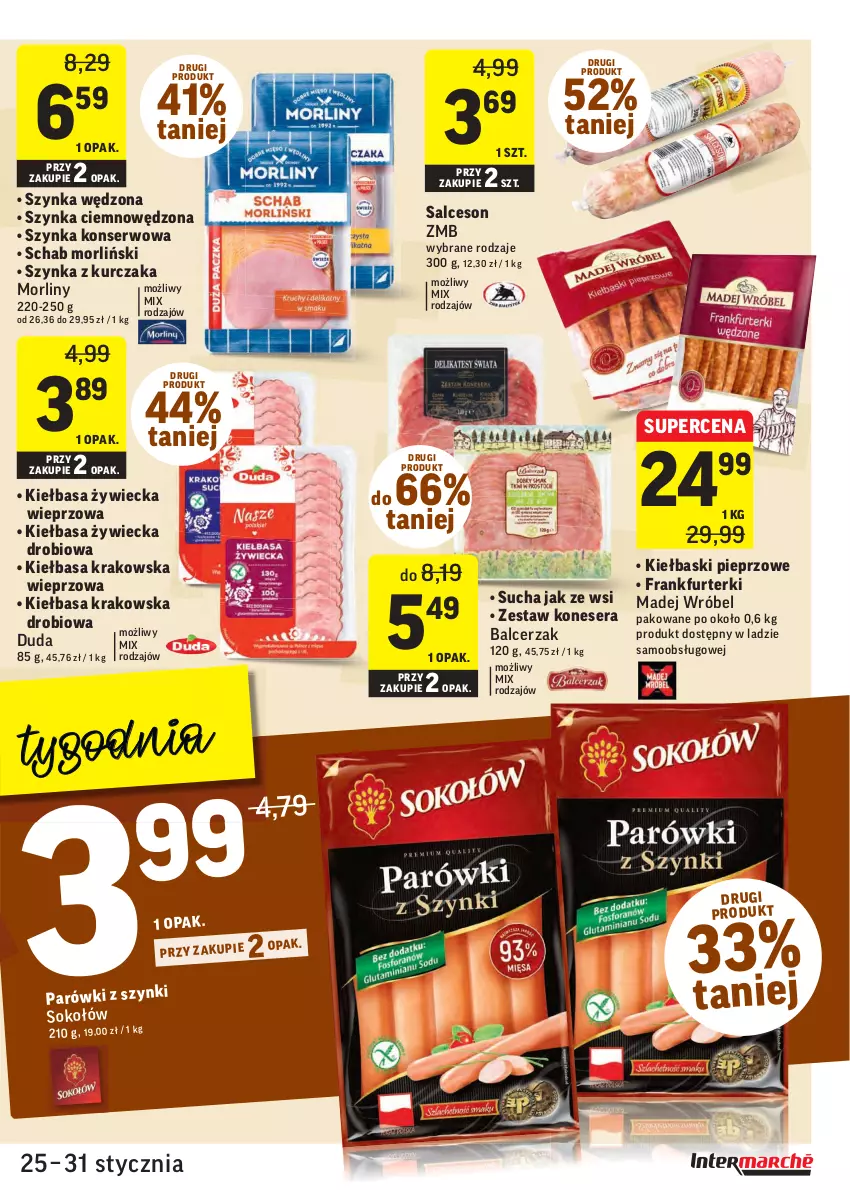 Gazetka promocyjna Intermarche - Gazetka promocyjna - ważna 25.01 do 31.01.2022 - strona 11 - produkty: Duda, Frankfurterki, Kiełbasa, Kiełbasa krakowska, Kiełbaski pieprzowe, Kurczak, Madej Wróbel, Morliny, Parówki, Pieprz, Salceson, Ser, Sok, Szynka, Szynka konserwowa