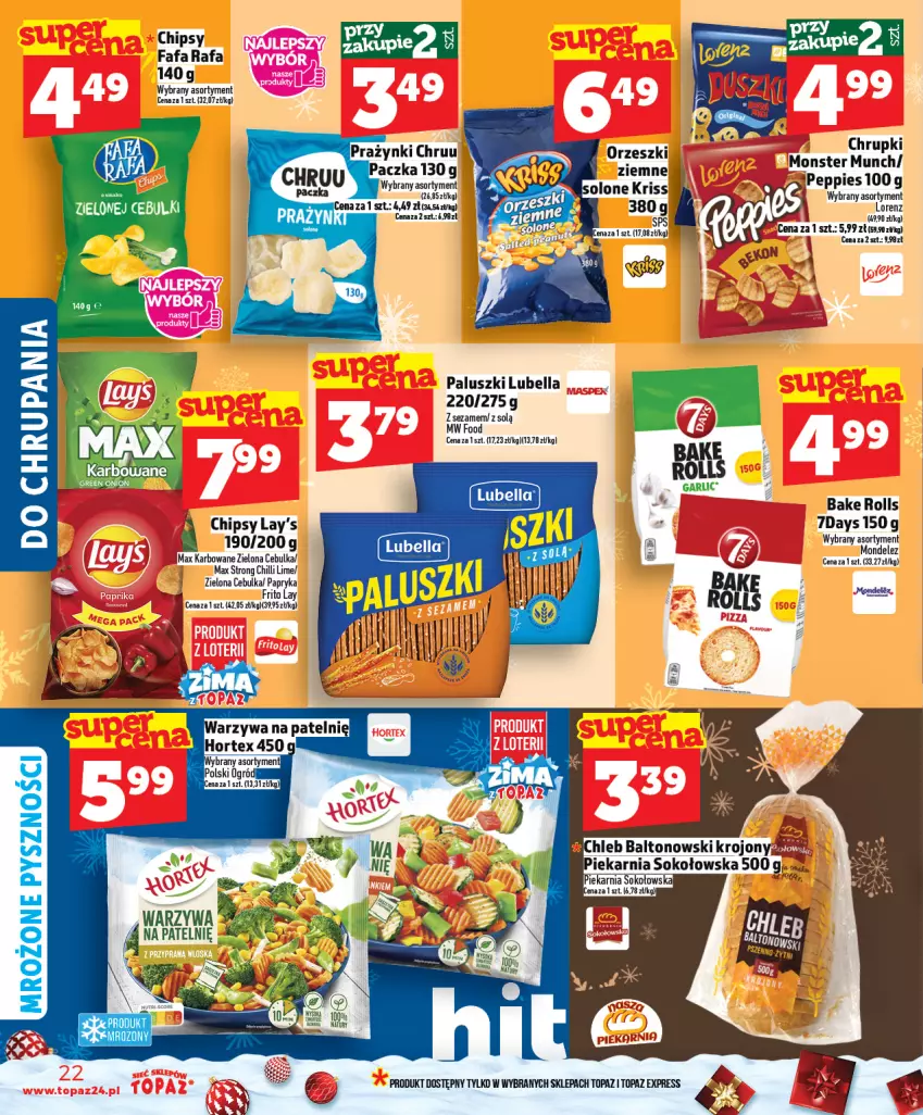 Gazetka promocyjna Topaz - Gazetka - ważna 04.12 do 10.12.2025 - strona 22 - produkty: Bake Rolls, Bell, Bella, Chipsy, Chleb, Fa, Lorenz, Lubella, Monster Munch, Orzeszki, Papryka, Sezam, Sok