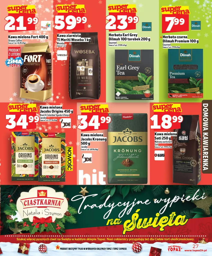 Gazetka promocyjna Topaz - Gazetka - ważna 04.12 do 10.12.2025 - strona 27 - produkty: Ciastka, Dilmah, Earl Grey, Gin, Herbata, Herbata czarna, Jacobs, Kawa, Kawa mielona, Top