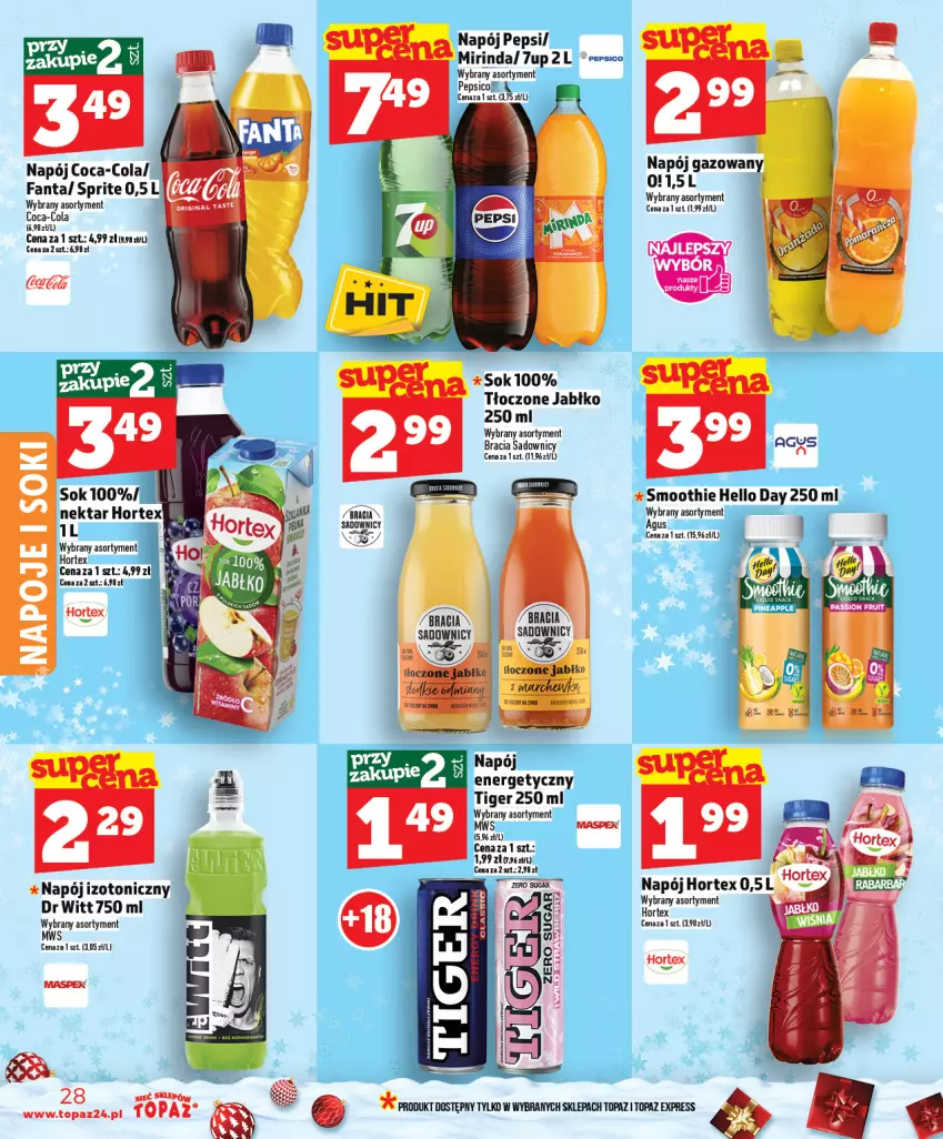 Gazetka promocyjna Topaz - Gazetka - ważna 04.12 do 10.12.2025 - strona 28 - produkty: 7up, Coca-Cola, Fa, Fanta, Hortex, Mirinda, Napój, Napój gazowany, Napój izotoniczny, Pepsi, Smoothie, Sok, Sprite, Tiger, Top