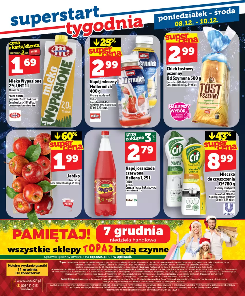 Gazetka promocyjna Topaz - Gazetka - ważna 04.12 do 10.12.2025 - strona 34 - produkty: Chleb, Chleb tostowy, Cif, Hellena, Mleczko, Mleko, Mlekovita, Napój, Olej, Oranżada, Top